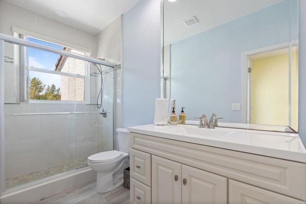 Bathroom, Glass Shower, Interior, Recessed Lighting, Wood Texture Flooring