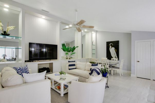 Dining room, Fireplace, Interior, Living room, Recessed Lighting, Wood Texture Flooring