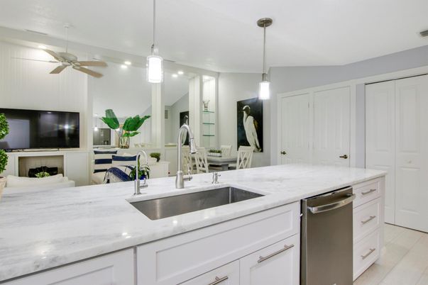 Fireplace, Interior, Kitchen, Pendant Lights, Recessed Lighting, Stainless Steel Appliances