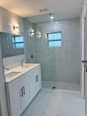 Bathroom, Dual Sink Vanities, Glass Shower, Interior, Marble, Marble Walls