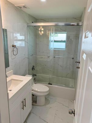Bathroom, Glass Shower, Interior, Marble, Marble Walls, Recessed Lighting