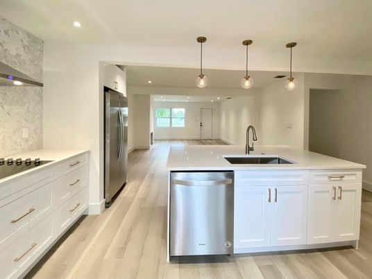 Interior, Kitchen, Pendant Lights, Recessed Lighting, Stainless Steel Appliances, Wood Texture Flooring