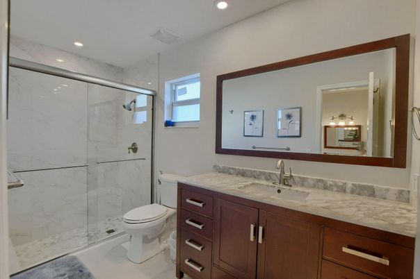 Bathroom, Glass Shower, Interior, Marble Walls, Recessed Lighting