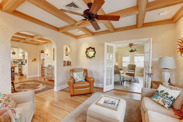 Interior, Kitchen, Living room, Recessed Lighting, Wooden Beams, Wood Texture Flooring