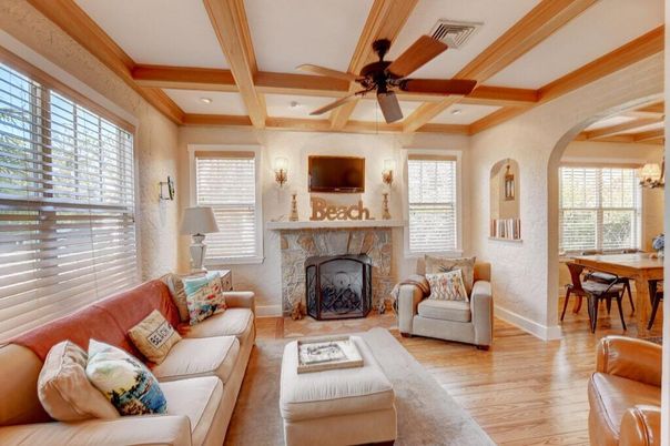Dining room, Fireplace, Interior, Living room, Recessed Lighting, Wooden Beams, Wood Texture Flooring