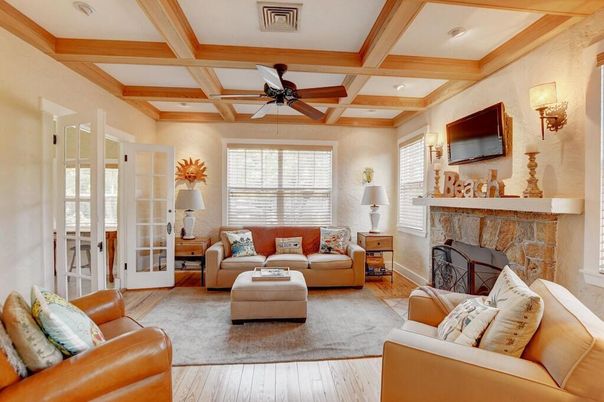 Fireplace, Interior, Living room, Recessed Lighting, Wooden Beams, Wood Texture Flooring