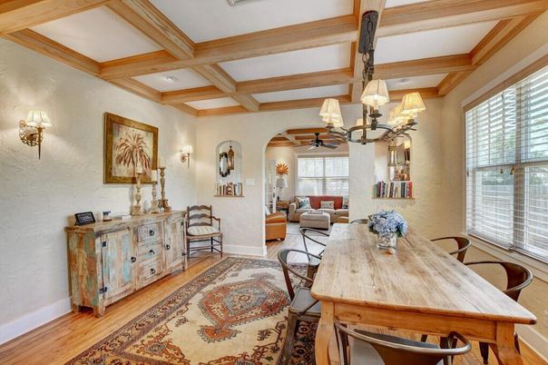 Chandelier, Dining room, Interior, Living room, Wooden Beams, Wood Texture Flooring