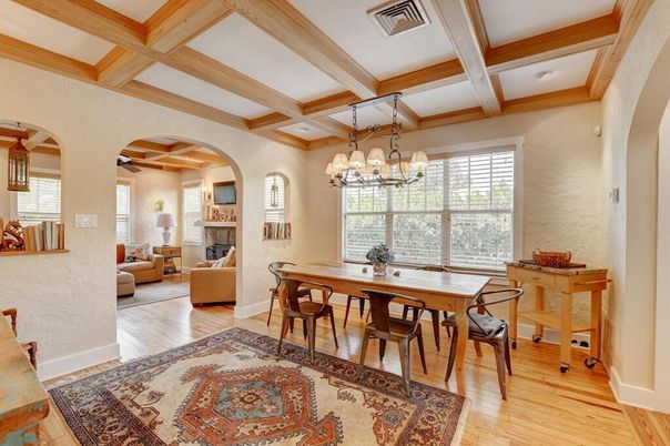 Chandelier, Dining room, Fireplace, Interior, Living room, Wooden Beams, Wood Texture Flooring