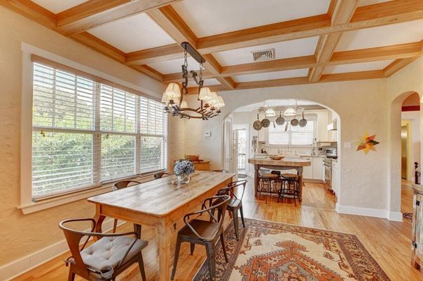 Chandelier, Dining room, Interior, Kitchen, Pendant Lights, Wooden Beams, Wood Texture Flooring
