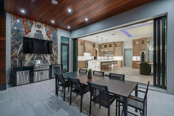 Dining room, Interior, Kitchen, Pendant Lights, Recessed Lighting, Stainless Steel Appliances, Wooden Ceilings