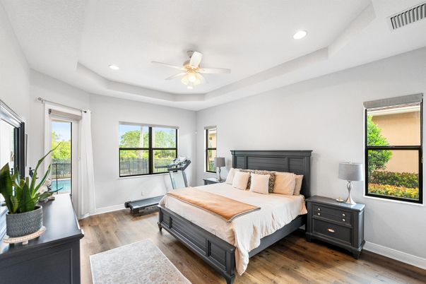 Bedroom, Interior, Recessed Lighting, Wood Texture Flooring