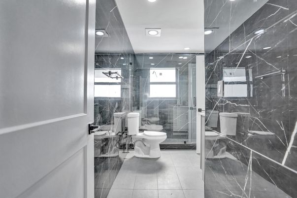 Bathroom, Glass Shower, Interior, Marble Walls, Recessed Lighting