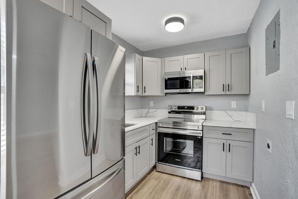 Interior, Kitchen, Stainless Steel Appliances, Wood Texture Flooring
