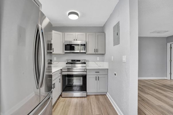 Interior, Kitchen, Stainless Steel Appliances, Wood Texture Flooring