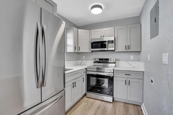 Interior, Kitchen, Stainless Steel Appliances, Wood Texture Flooring