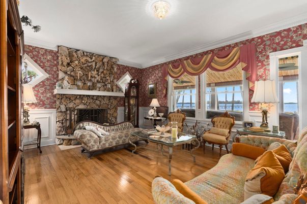 Fireplace, Interior, Living room, Stone Walls, Water, Wood Texture Flooring