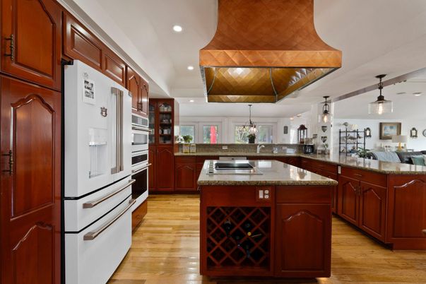Interior, Kitchen, Pendant Lights, Recessed Lighting, Stainless Steel Appliances, Wooden Ceilings, Wood Texture Flooring