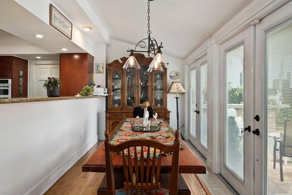 Dining room, Interior, Pendant Lights, Recessed Lighting, Wood Texture Flooring
