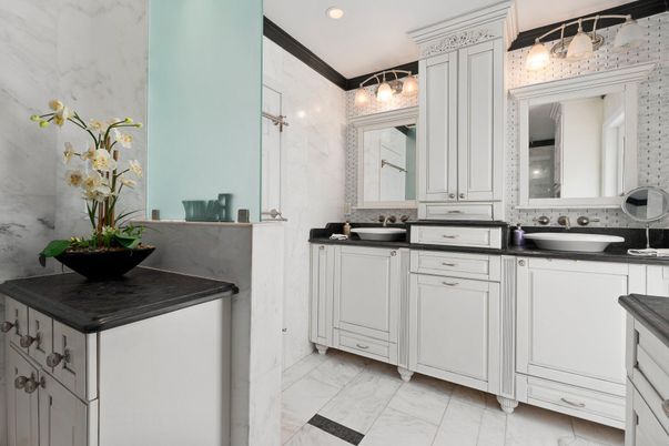 Bathroom, Dual Sink Vanities, Interior, Marble, Marble Walls, Recessed Lighting