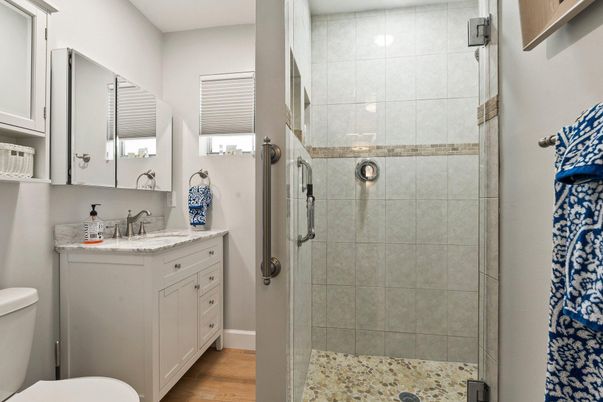 Bathroom, Glass Shower, Interior, Wood Texture Flooring