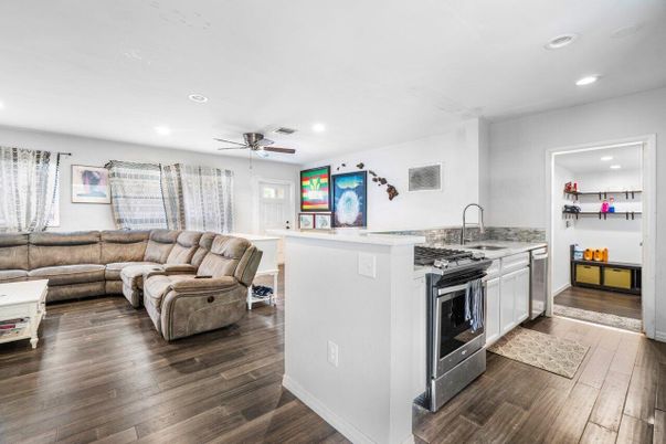 Interior, Kitchen, Living room, Recessed Lighting, Wood Texture Flooring