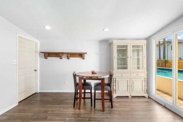 Dining room, Interior, Recessed Lighting, Wood Texture Flooring