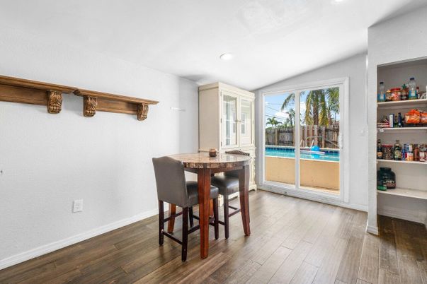 Dining room, Interior, Recessed Lighting, Wood Texture Flooring
