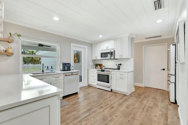 Interior, Kitchen, Recessed Lighting, Stainless Steel Appliances, Wood Texture Flooring