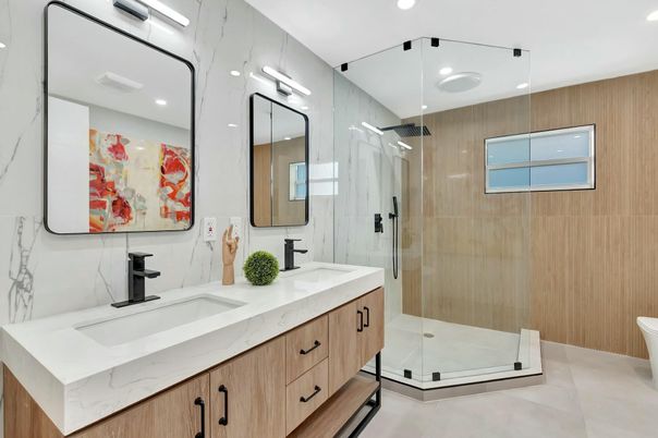 Bathroom, Dual Sink Vanities, Glass Shower, Interior, Recessed Lighting