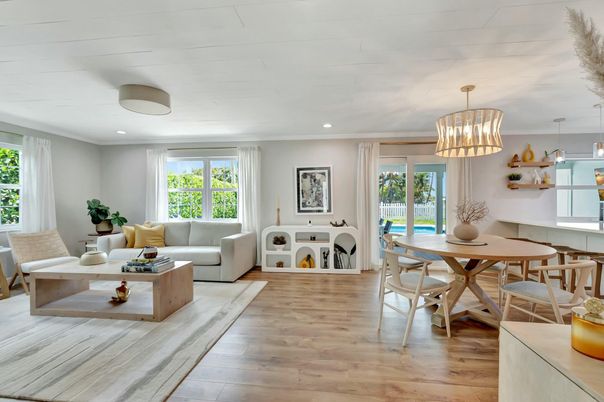 Dining room, Interior, Living room, Pendant Lights, Recessed Lighting, Wood Texture Flooring