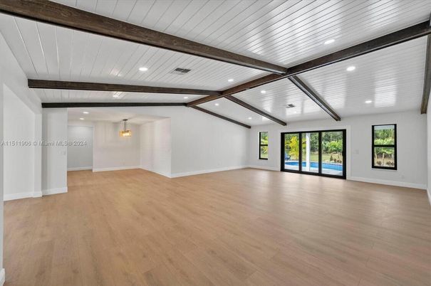 Empty room, Interior, Pendant Lights, Recessed Lighting, Wooden Beams, Wood Texture Flooring