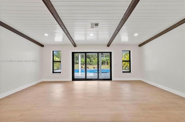 Empty room, Interior, Recessed Lighting, Wooden Beams, Wood Texture Flooring