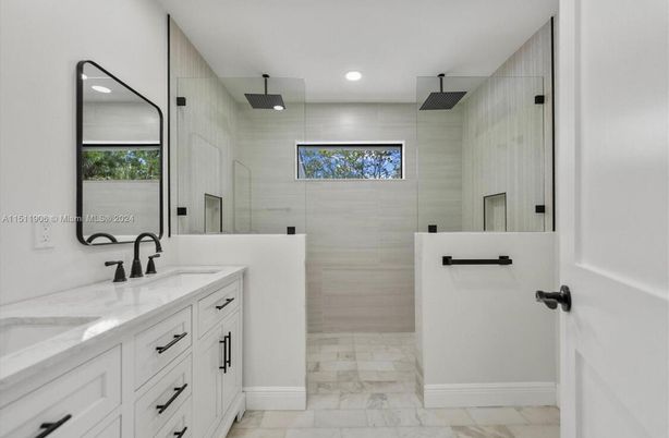 Bathroom, Dual Sink Vanities, Interior, Marble, Recessed Lighting