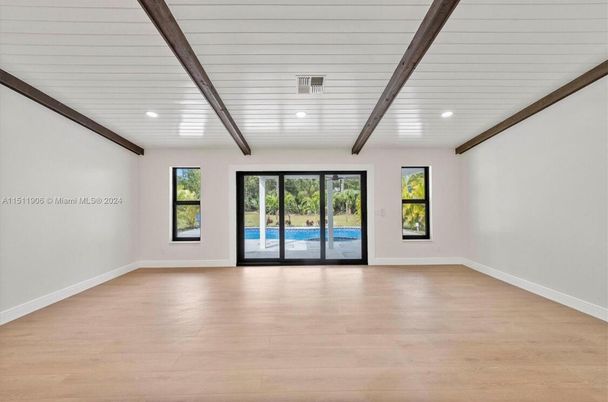 Empty room, Interior, Recessed Lighting, Wooden Beams, Wood Texture Flooring