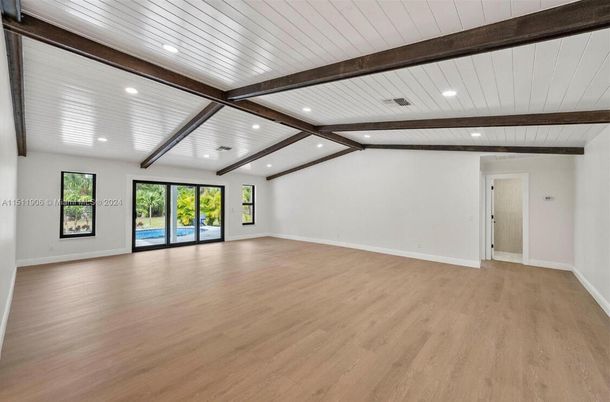 Empty room, Interior, Recessed Lighting, Wooden Beams, Wood Texture Flooring