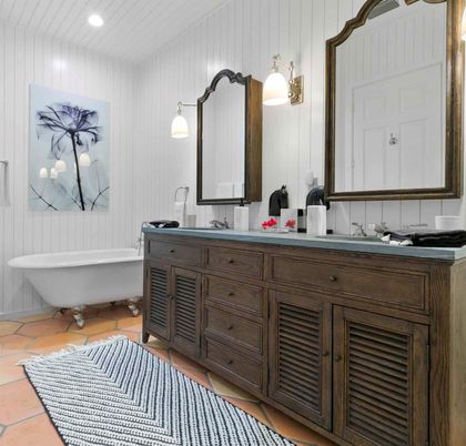 Bathroom, Dual Sink Vanities, Free Standing Baths, Interior, Pendant Lights, Recessed Lighting