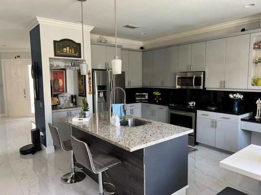 Interior, Kitchen, Marble, Pendant Lights, Recessed Lighting, Stainless Steel Appliances