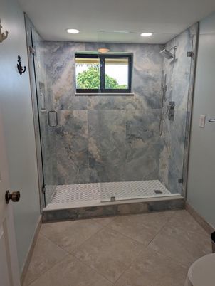 Bathroom, Glass Shower, Interior, Marble Walls, Recessed Lighting