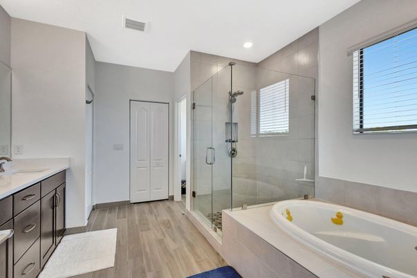 Bathroom, Glass Shower, Interior, Recessed Lighting, Wood Texture Flooring