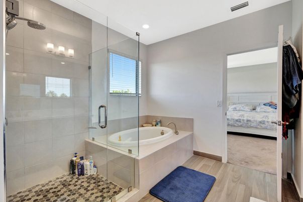 Bathroom, Bedroom, Glass Shower, Interior, Recessed Lighting, Wood Texture Flooring