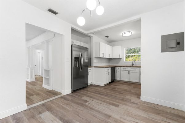 Interior, Kitchen, Pendant Lights, Stainless Steel Appliances, Wood Texture Flooring