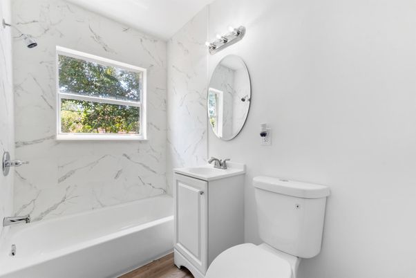 Bathroom, Interior, Marble Walls, Wood Texture Flooring
