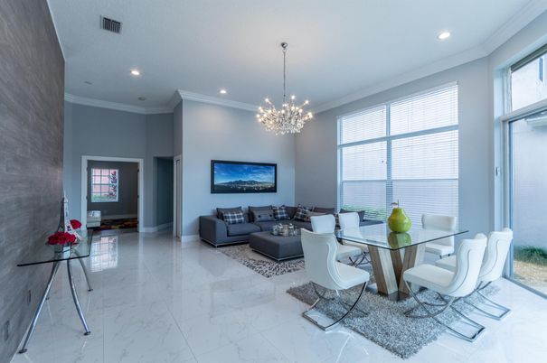 Chandelier, Dining room, Interior, Living room, Marble, Pendant Lights, Recessed Lighting