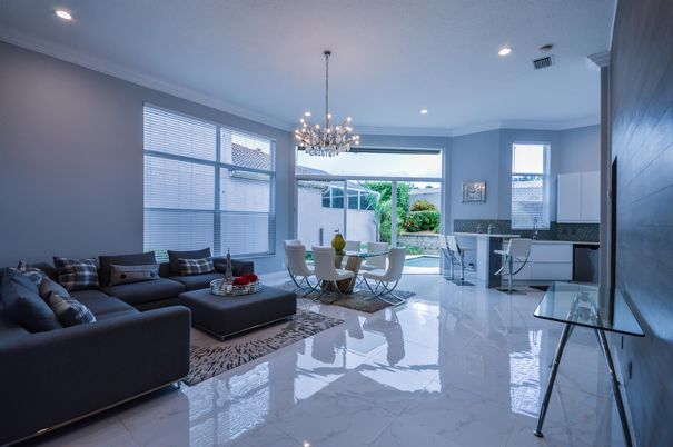 Dining room, Interior, Living room, Marble, Pendant Lights, Recessed Lighting