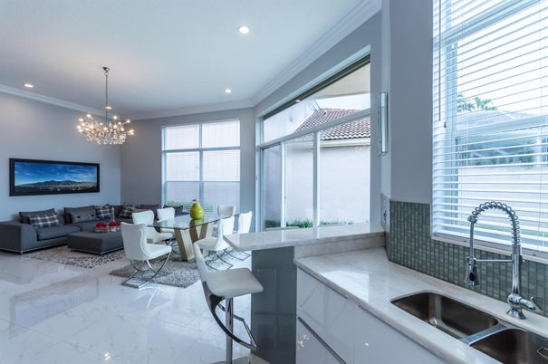 Dining room, Interior, Living room, Marble, Pendant Lights, Recessed Lighting