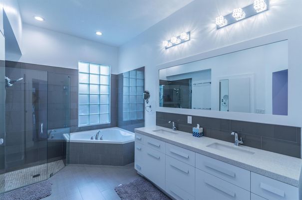 Bathroom, Dual Sink Vanities, Glass Shower, Interior, Recessed Lighting