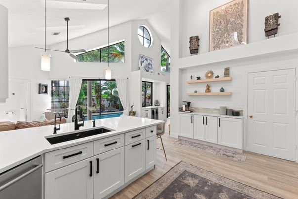 Interior, Kitchen, Pendant Lights, Wood Texture Flooring