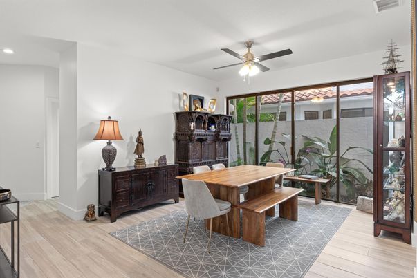 Dining room, Interior, Recessed Lighting, Wood Texture Flooring