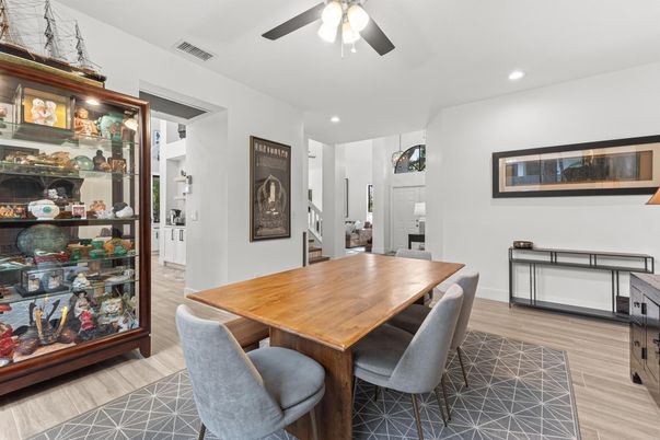 Dining room, Interior, Recessed Lighting, Wood Texture Flooring