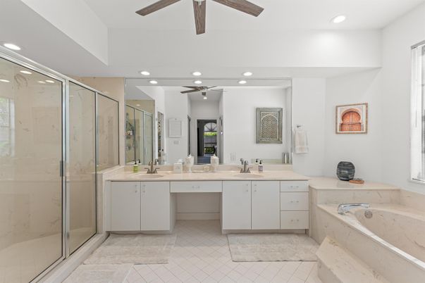 Bathroom, Dual Sink Vanities, Glass Shower, Interior, Recessed Lighting